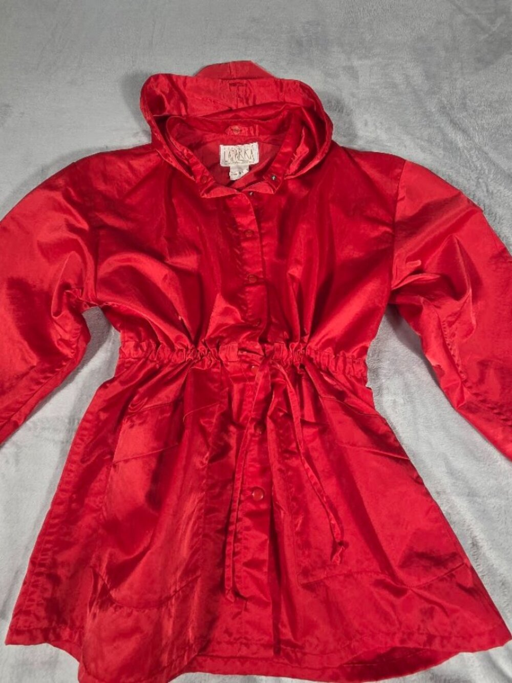 Vintage 1987 Linda Lundstrom Laparka Red Nylon Hooded Cinch Waist Parka Jacket M